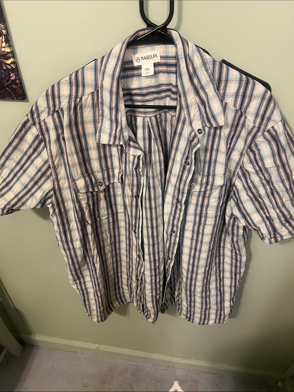 Magellan Outdoors Men's Short Sleeve Plaid Button-Up — Blue, White & Tan
